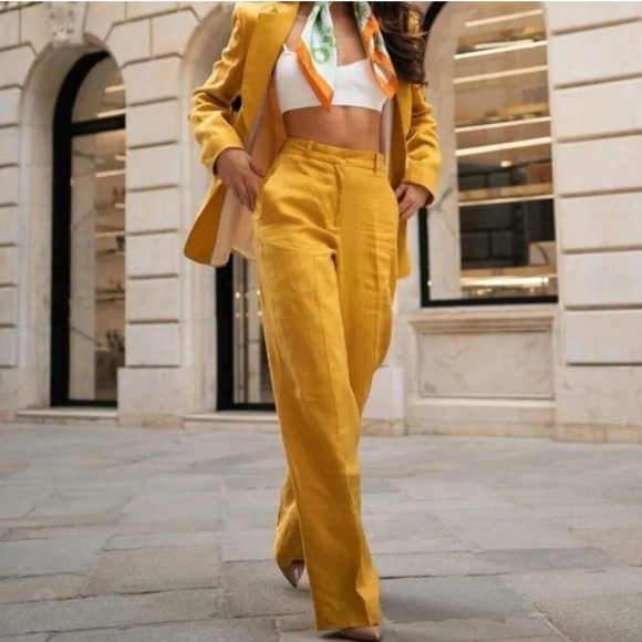 Zara Linen Menswear Style Baggy Wide Leg Mustard Yellow Trouser Pant - Picture 2 of 9